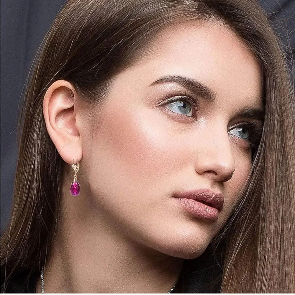 14K Yellow Gold with Fuchsia Pink Austrian Crystal Teardrop Leverback Earrings